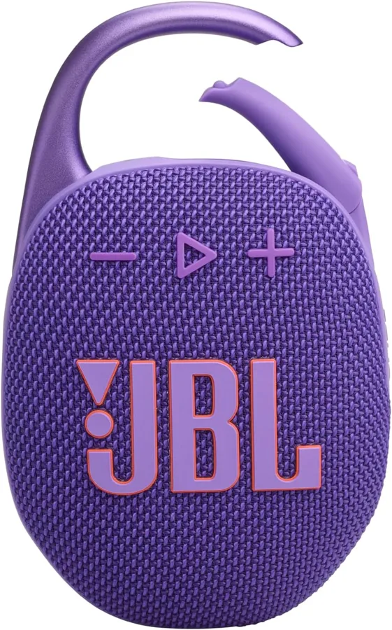 Mini cassa JBL Clip 5 viola con il moschettone integrato