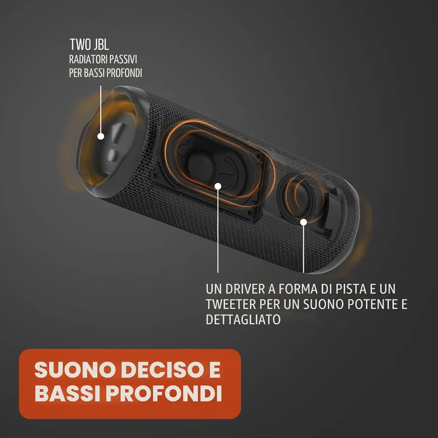 Interno della JBL Flip 6 con woofer, tweeter e radiatori passivi