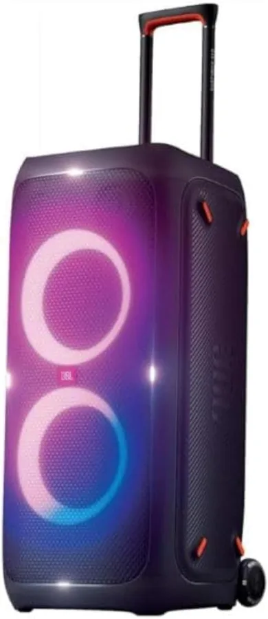JBL PartyBox 310 con trolley e giochi di luce accesi