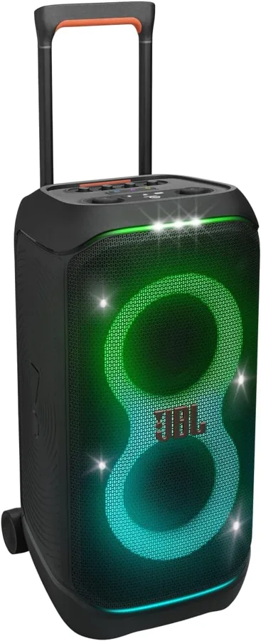Cassa JBL PartyBox Stage 320 con luci verdi e trolley